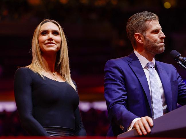 Lara Trump (L, with husband Eric Trump) is aware of Kevin Rudd’s comments about her father-in-law, president-elect Donald Trump. Picture: Getty Images via AFP