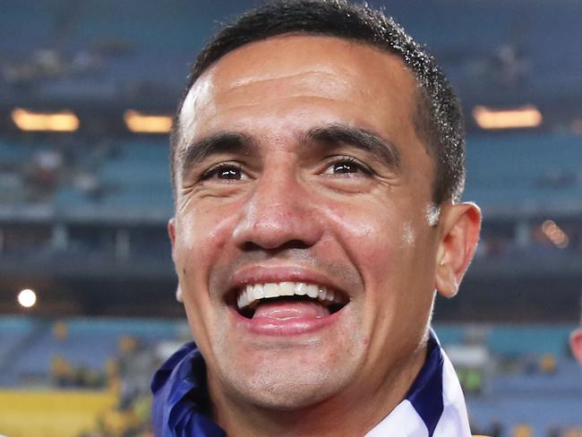 SYDNEY, AUSTRALIA - NOVEMBER 15:  Tim Cahill of Australia celebrates victory after the 2018 FIFA World Cup Qualifiers Leg 2 match between the Australian Socceroos and Honduras at ANZ Stadium on November 15, 2017 in Sydney, Australia.  (Photo by Matt King/Getty Images)