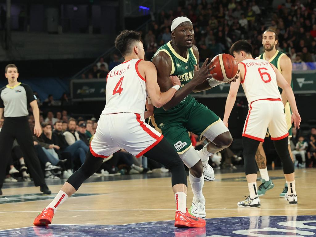 Duop Reath appeared to headbutt Chinese big man Runwang Du in the fourth quarter. Picture: Kelly Defina/Getty Images