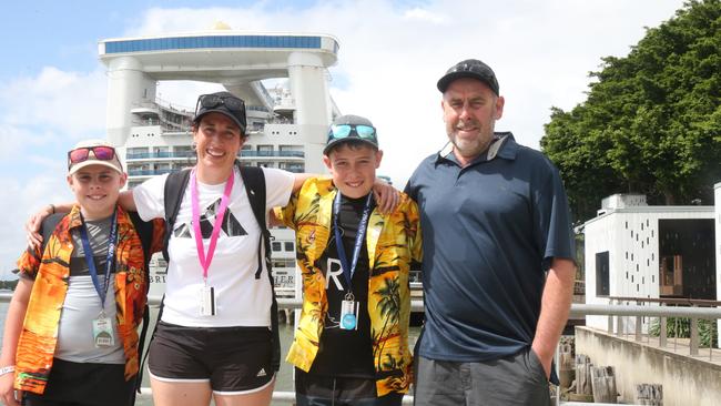 Chase, Anna, Jake and Grantley Best from Tasmania, arrive for their first visit to Cairns on P&amp;O cruise ship Pacific Encounter, with plans to visit Green Island and snorkel on the Great Barrier Reef. Photo: Catherine Duffy.