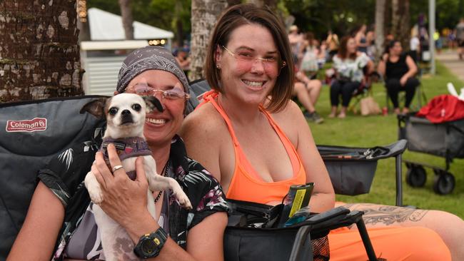 Kylie Pilbeam, pooch Princess Tiabeanie, and Emma Mikelsons at Darwin's Waterfront Precinct for New Year's Eve 2024. Picture: Alex Treacy