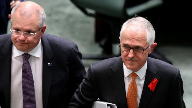 PM Turnbull and Treasurer Scott Morrison leave at the end of Question Time in the House of Representatives, Federal Parliament, Canberra.