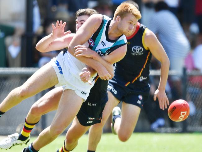 Willem Drew of the Power during an AFL pre-season hit out match between the Adelaide Crows and the Port Adelaide Power at Thebarton Oval in Adelaide, Saturday, February 29, 2020. (AAP Image/David Mariuz) NO ARCHIVING, EDITORIAL USE ONLY