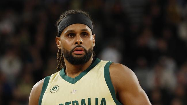 NCA. MELBOURNE, AUSTRALIAÃ&#137; July 4 , 2024. BASKETBALL. Australian Boomers vs China at John Cain Arena, Melbourne. Patty Mills . Pic: Michael Klein