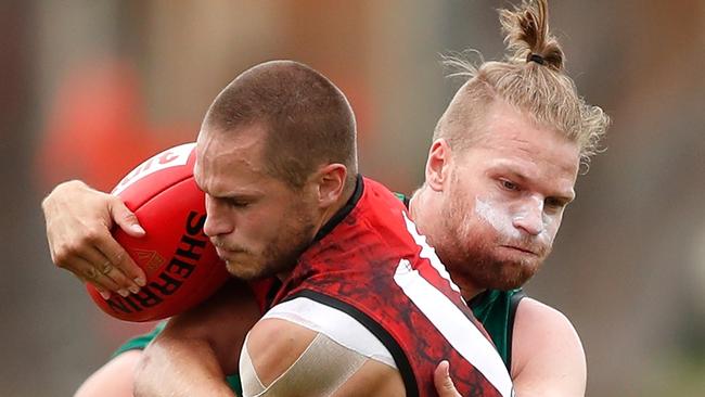 David Zaharakis is tackled by Jake Stringer at training. Picture: AFL Media