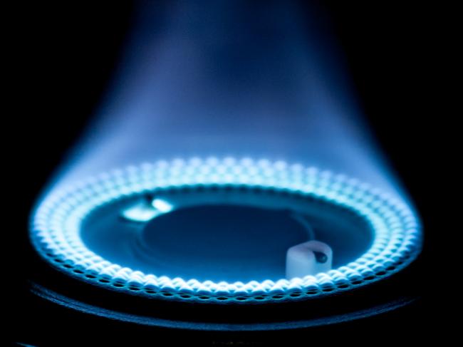 Blue flames from gas stove burner. Closeup shot of blue flames from a kitchen gas range