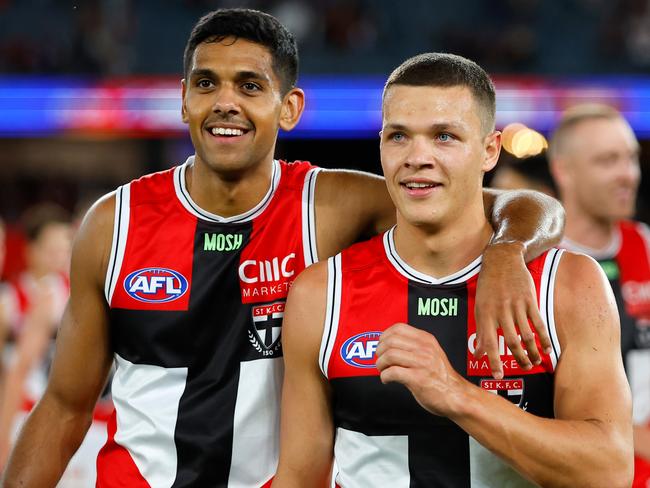 MELBOURNE, AUSTRALIA - MARCH 25: Nasiah Wanganeen-Milera of the Saints and Marcus Windhager of the Saints celebrate during the 2023 AFL Round 02 match between the Western Bulldogs and the St Kilda Saints at Marvel Stadium on March 25, 2023 in Melbourne, Australia. (Photo by Dylan Burns/AFL Photos via Getty Images)