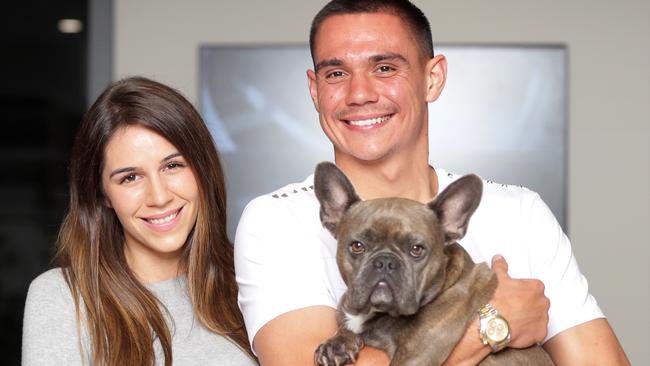 Tim Tszyu with Alexandra Constantine and the family pet. Picture: Christian Gilles