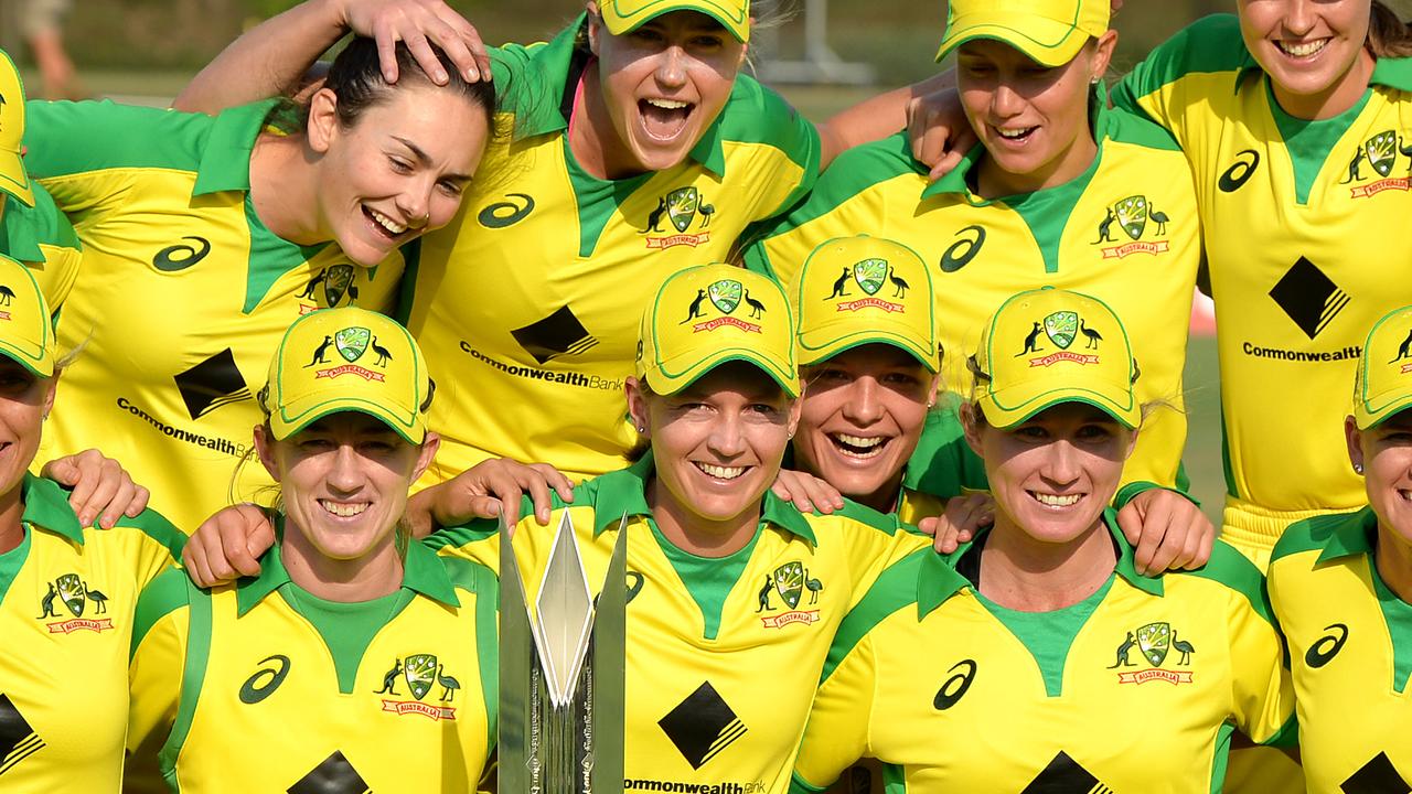 Australia celebrate winning the series after Game 3 of the One Day International Series between Australia and Sri Lanka at Allan Border Field.