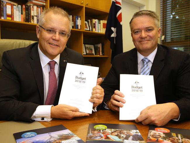 Treasurer Scott Morrison and Minister for Finance Senator Mathias Cormann in the Treasurers office at Parliament House in Canberra. Picture Kym Smith