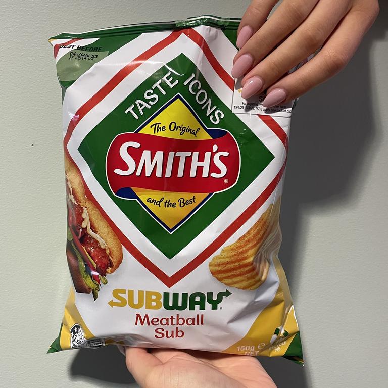 There are three flavours from Subway, including this Meatball Sub chip. Picture: Supplied