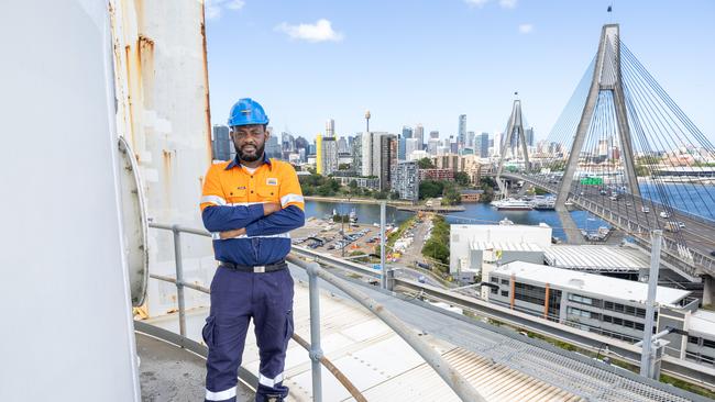 Operations Lead Olufemi Adeyemi at the top of Glebe Island cement silos. Picture: Thomas Lisson