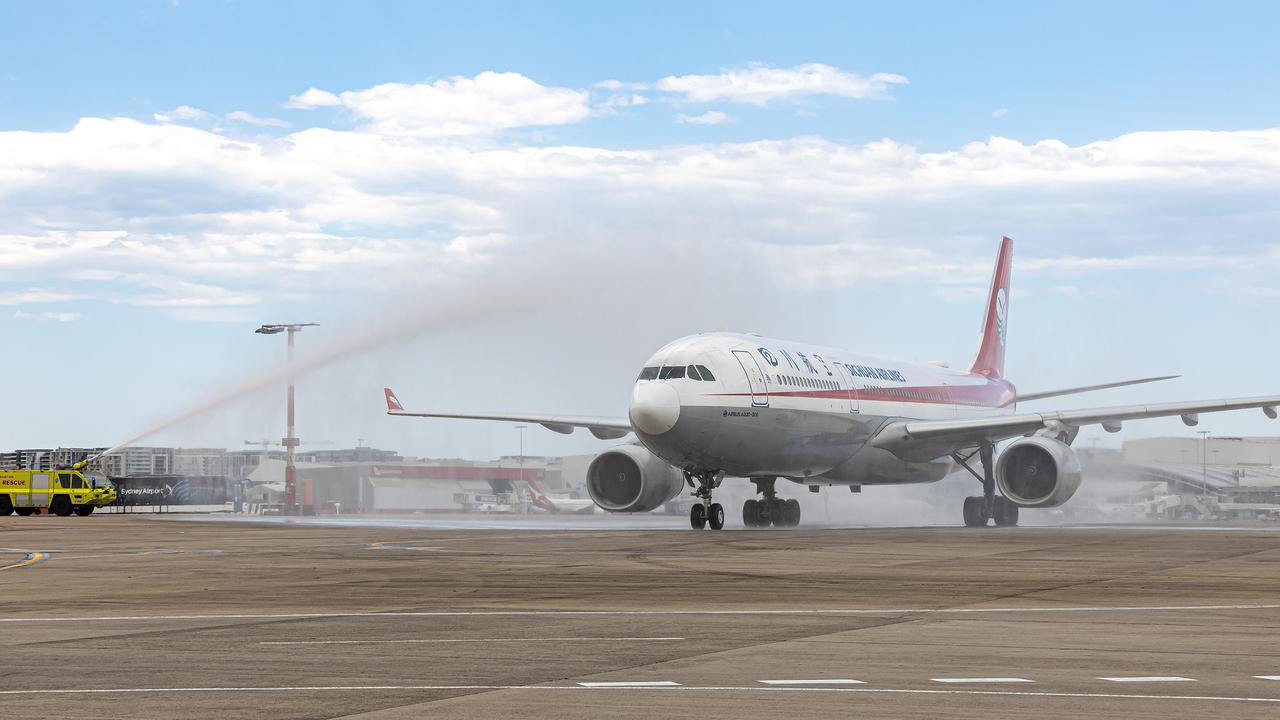 Sichuan Airlines’ first flight arriving from Chengdu into Sydney Airport since the pandemic. Picture: Supplied