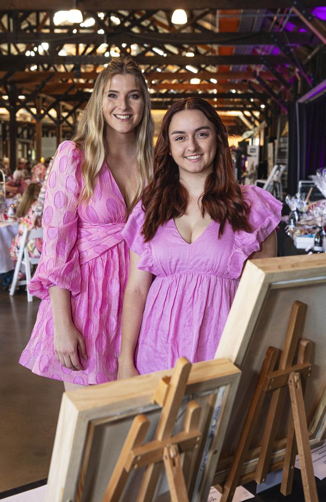 Talia Manning (left) and Charlotte Munchow at the Pink High Tea fundraiser for Toowoomba Hospital Foundation at The Goods Shed, Saturday, October 12, 2024. Picture: Kevin Farmer