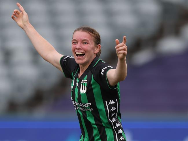 GOSFORD, AUSTRALIA - DECEMBER 22: Kahli Johnson of Western United celebrates a goal during the round seven A-League Women's match between Central Coast Mariners and Western United at Industree Group Stadium, on December 22, 2024, in Gosford, Australia. (Photo by Scott Gardiner/Getty Images)