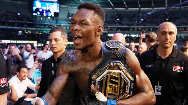 Israel Adesanya celebrates his win against Robert Whittaker in UFC 243. Picture: AAP Image