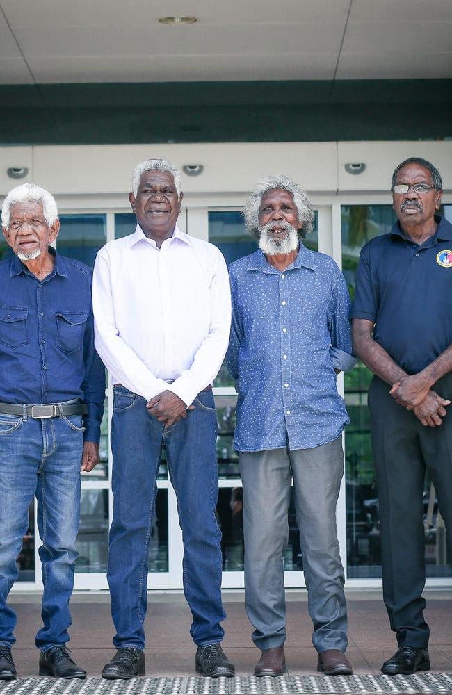 Djiniyini Gondarra (Golumala), Djawa Yunupingu (Gumatj clan), Mawalan Marika (Rirratjingu clan), Yaltharr Mununggurr (Djapu clan) at the NT Supreme Court. Picture: Glenn Campbell