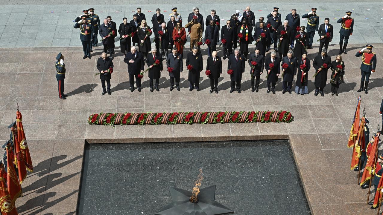 Leaders and their partners from several countries outside of Russia and China attend a wreath laying ceremony after the Victory Day military parade. Picture: Mikhail Korytov/Photo host agency RIA Novosti via AP
