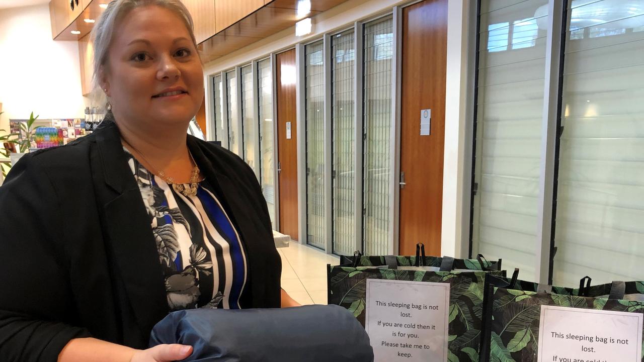 HELPING HAND: Hervey Bay Neighbourhood Centre chief executive Tanya Stevenson with one of the sleeping bags and the included items which are given out to homeless people.