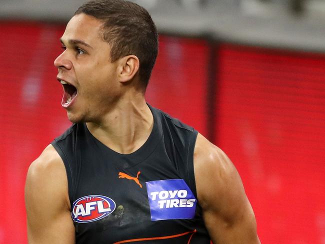 PERTH, AUSTRALIA - SEPTEMBER 03: Bobby Hill of the Giants celebrates after scoring a goal during the 2021 AFL Second Semi Final match between the Geelong Cats and the GWS Giants at Optus Stadium on September 3, 2021 in Perth, Australia. (Photo by Will Russell/AFL Photos via Getty Images)