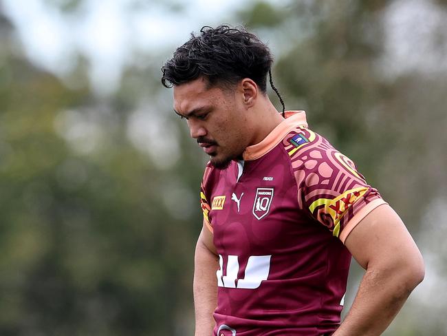 Jeremiah Nanai (looks like heÃs doing a fitness test) and the Queensland origin team train at Sanctuary Cove on the Gold Coast ahead of game 2 in Melbourne. Pics Adam Head