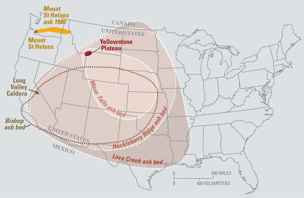 Map of the known ash-fall boundaries for several Yellowstone Supervolcano eruptions. Picture: USGS