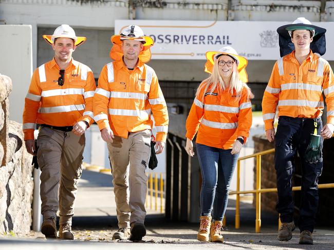 Rail traction apprentices Brian Gethins and Ryan Sheppard with Annica Carberry and  apprentice Lachlan Wilson pictured at the Exhibition train station, Brisbane 14th of July 2020.  Amy is working on the Cross River Rail project.  (Image/Josh Woning)