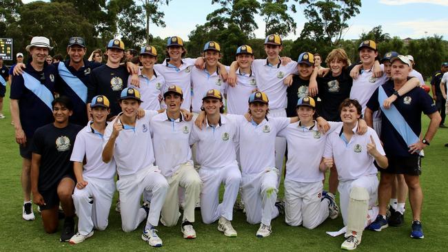 Camberwell Grammar First XI celebrate their premiership cricket triumph. Picture: Supplied.