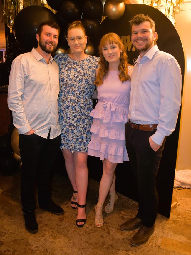 Corey Meers, Melissa Riseley, Ebbonie Shirreff and Herb Twomey having a great night at the Cowwarr Saints Football &amp; Netball Club Golden Gala Ball 2024. Picture: Jack Colantuono