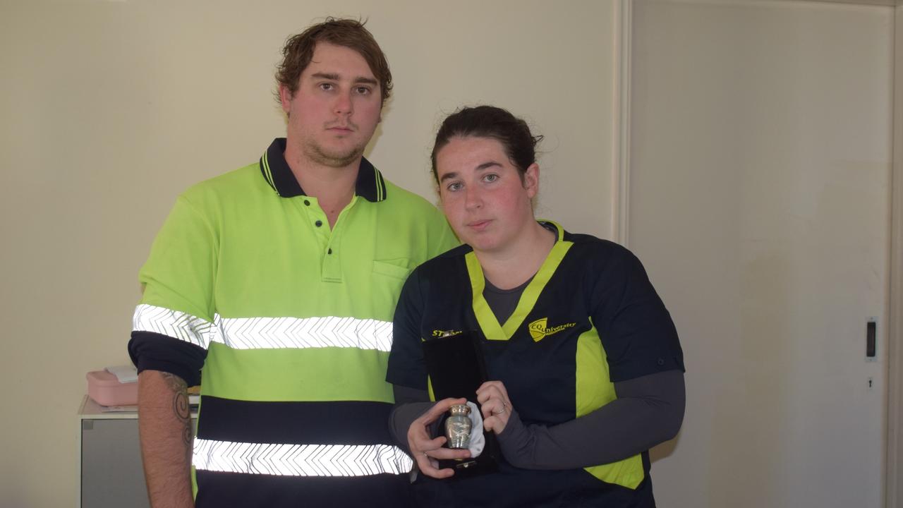 Natasha Tacon and Braeden Carolan holding their baby boy's urn. Picture: Aden Stokes