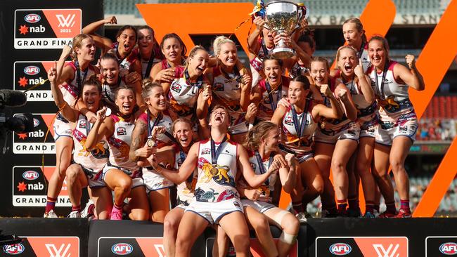 Brisbane Lions players celebrate after winning the 2021 AFLW grand final. Picture: Getty Images