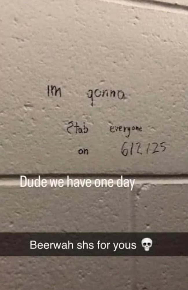 The threatening message that was scrawled onto a toilet wall at Beerwah State High School. Picture: Facebook