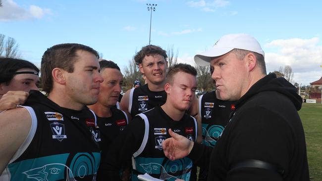 Maryborough Magpies coach Matthew Johnston talking to the team last year against Golden Square. Picture Yuri Kouzmin