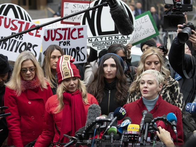 Actor Rose McGowan, right, speaks outside court as actor Rosanna Arquette listens on. Picture: AP