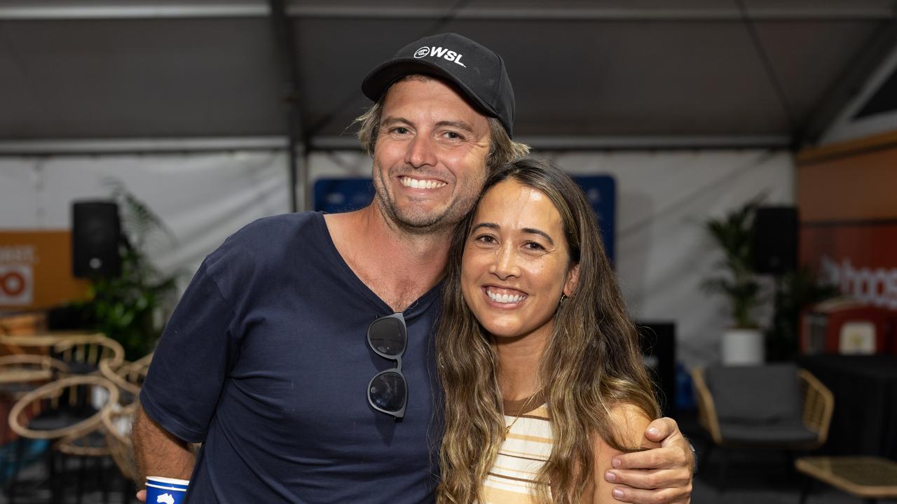 Ryan Jones and Veronica Russell at the Gold Coast Pro surfing contest launch party at Snapper Rocks, for The Pulse. Picture: Celeste Humphrey