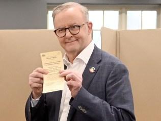 SYDNEY, AUSTRALIA - NewsWire Photos OCTOBER 7, 2023: PM Anthony Albanese cast his vote for The Voice at Marrackville Town Hall with his son Nathan.Picture: NCA NewsWire / Jeremy Piper