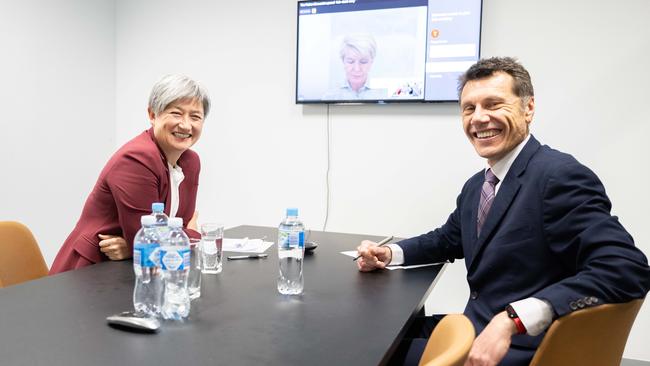 Foreign affairs minister Penny Wong and The Advertiser chief reporter Paul Starick. Picture: Morgan Sette