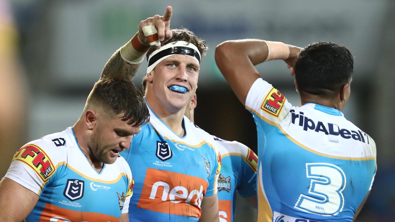 GOLD COAST, AUSTRALIA - APRIL 12: Jarrod Wallace of the Titans celebrates a try during the round five NRL match between the Gold Coast Titans and the Penrith Panthers at Cbus Super Stadium on April 12, 2019 in Gold Coast, Australia. (Photo by Chris Hyde/Getty Images)