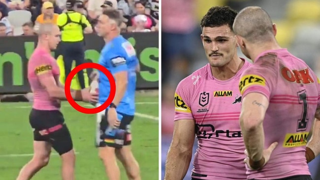 The Panthers trainer sprayed water on the ball before a kick-off.