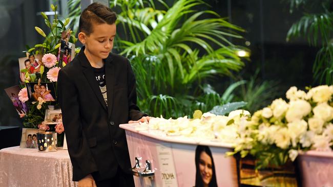 Sabrina Lekaj’s younger brother Pyrrhus at her funeral. The Lekaj family granted permission for The Advertiser to attend the funeral and take photographs. Picture: Tom Huntley