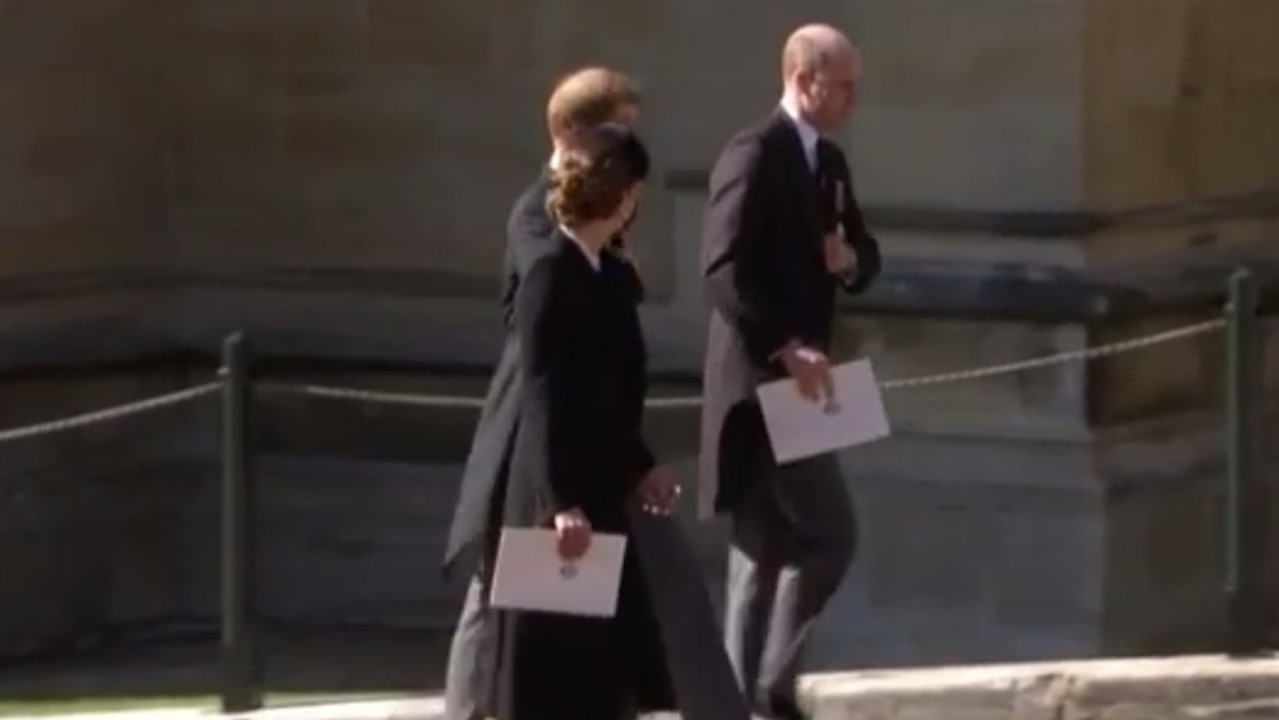 Prince Harry, Prince William and the Duchess of Cambridge walked together after the funeral service for Prince Philip in April last year. Picture: 7 News