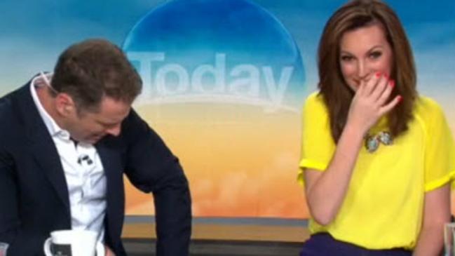 Wendy Kingston struggles to contain her laugh after spilling coffee all over Karl.