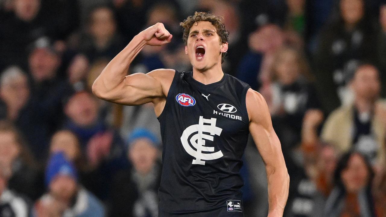 MELBOURNE, AUSTRALIA - JULY 15: Charlie Curnow of the Blues celebrates a goal during the 2023 AFL Round 18 match between the Carlton Blues and the Port Adelaide Power at Marvel Stadium on July 15, 2023 in Melbourne, Australia. (Photo by Morgan Hancock/AFL Photos via Getty Images)