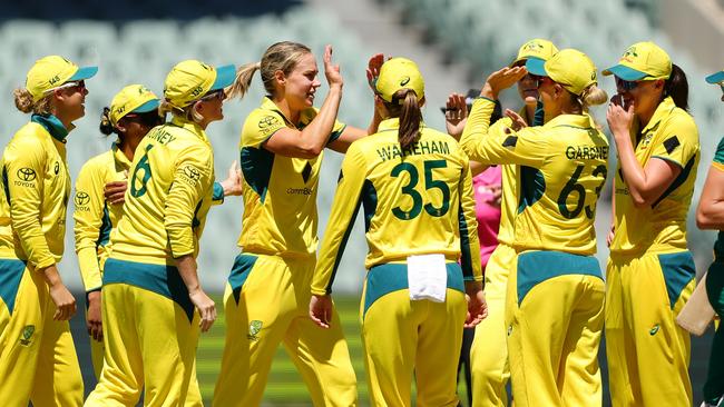 ADELAIDE, AUSTRALIA - FEBRUARY 03: Ellyse Perry of Australia celebrates the wicket of Tazmin Brits of South Africa. Bowled for a duck during game one of the women's One Day International series between Australia and South Africa at Adelaide Oval on February 03, 2024 in Adelaide, Australia. (Photo by Sarah Reed/Getty Images)