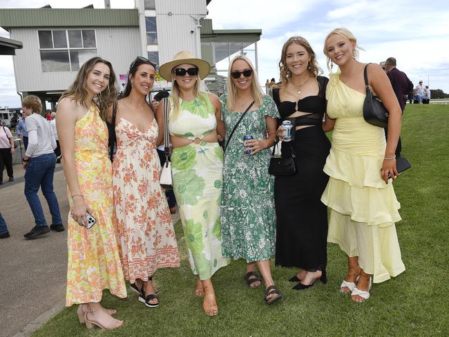 Ladbrokes Sale Cup. Racegoers are pictured attending Cup Day horse races at Sale Turf Club, Sunday 27th October 2024. Maddie, Sarah, Zo, Muff, Wishy Miah. Picture: Andrew Batsch