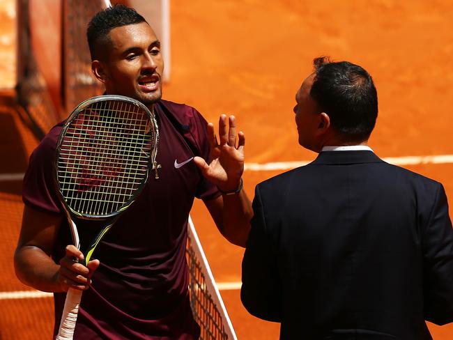 Nick Kyrgios argues with an umpire in Madrid.