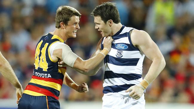 Adelaide's Matt Crouch and Geelong's Patrick Dangerfield. Picture: Michael Klein