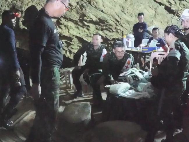 Rescue personnel inside the Tham Luang cave in Khun Nam Nang Non Forest Park. Picture: AFP