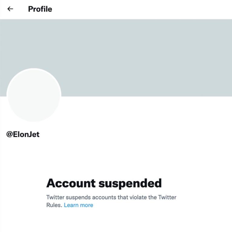 The @ElonJet Twitter handle was suspended as of Wednesday. Picture: Twitter/@ElonJet