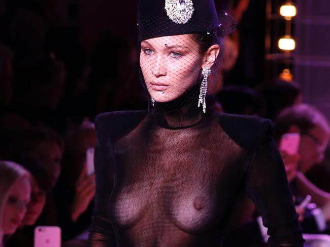 Bella Hadid models a creation by Alexandre Vauthier during the 2017-2018 fall/winter Haute Couture collection in Paris. Picture: AFP